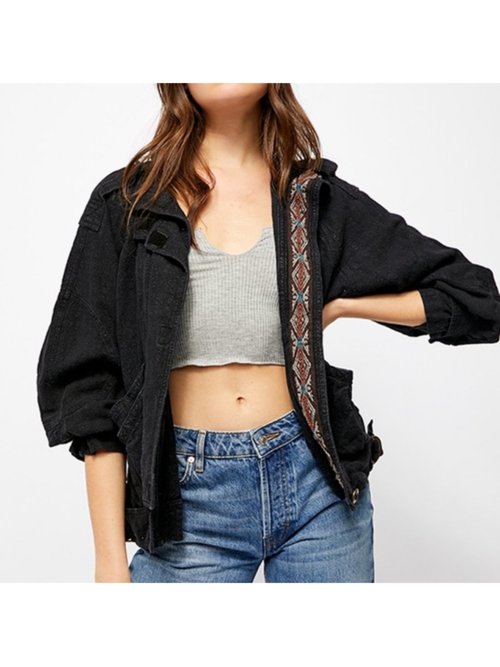 Free People Jayde Cropped Black Linen Bomber Jacket with Embroidered Trim XS
